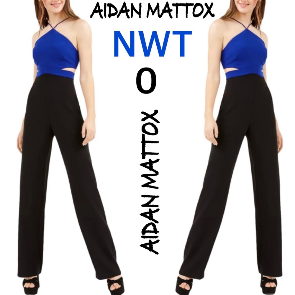 NWT (0) AIDAN MATTOX Royal blue halter high waist party romper pantsuit black